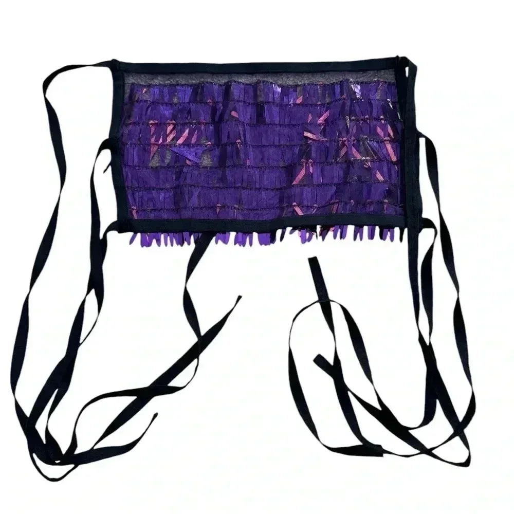 Purple Iridescent Sword Sequins Crop Top Dangling on Purple Mesh Fabric